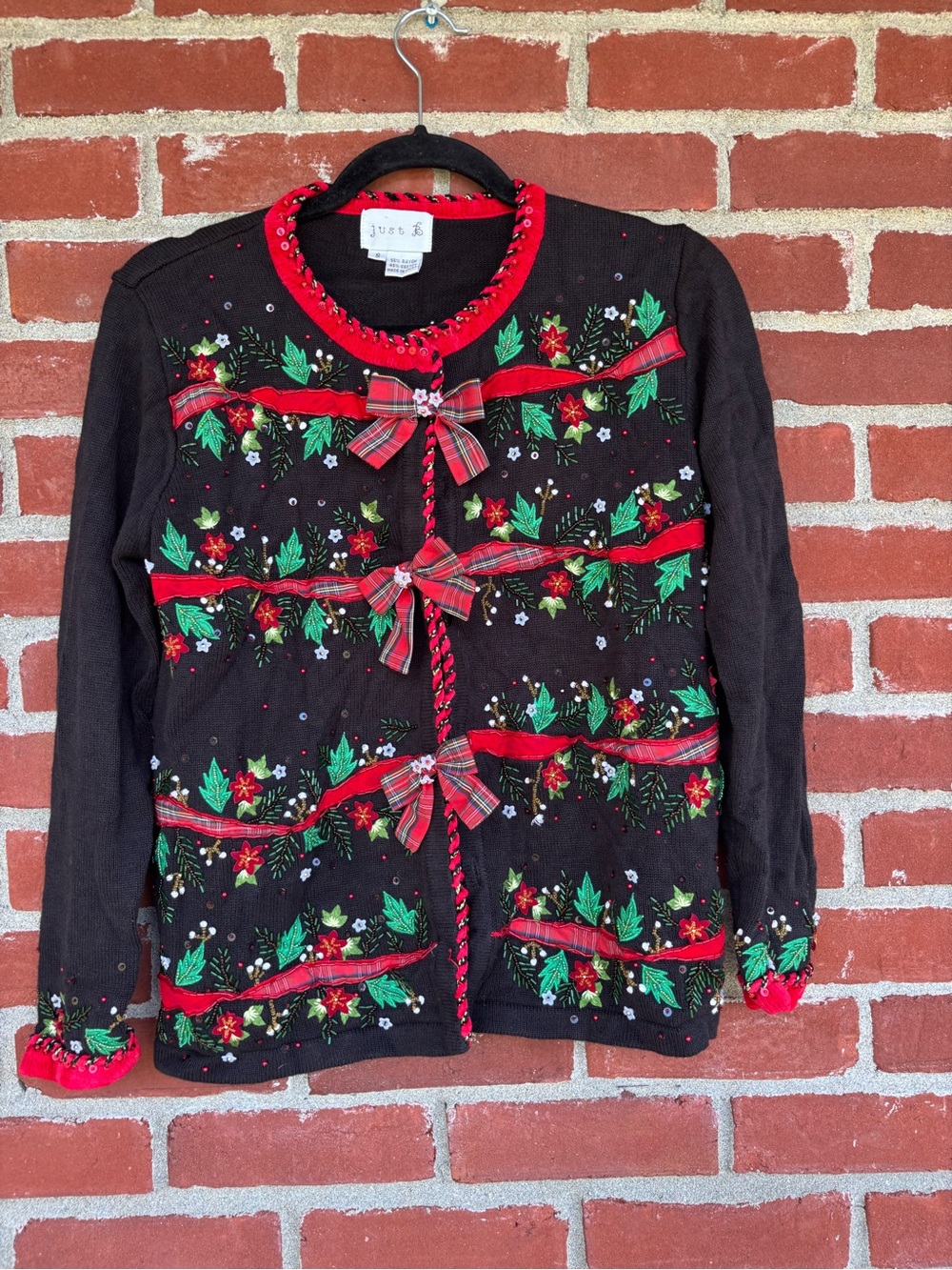 just be Vintage Black Holiday Cardigan with Red Trim and Green Embroidery